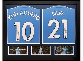 Man City Sergio Aguero and David Silva Signed Framed Football Shirts