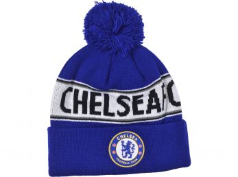 Chelsea Text Knitted Bobble Hat Royal White Black Print