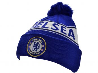 Chelsea Text Knitted Bobble Hat Royal White Blue Print