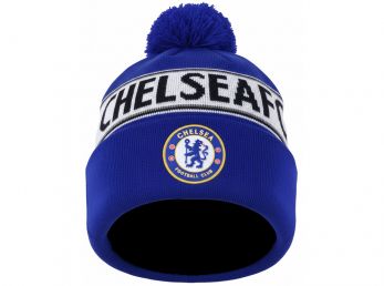 Chelsea Text Knitted Bobble Hat Royal White Black Print