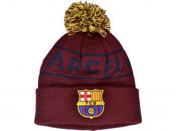 FC Barcelona Knitted Text Bobble Ski Hat Burgundy Navy