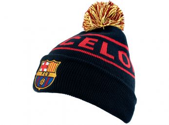 FC Barcelona Knitted Text Bobble Ski Hat Navy Burgundy