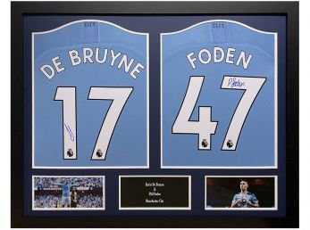 Man City Foden And De Bruyne Signed Framed Football Shirt