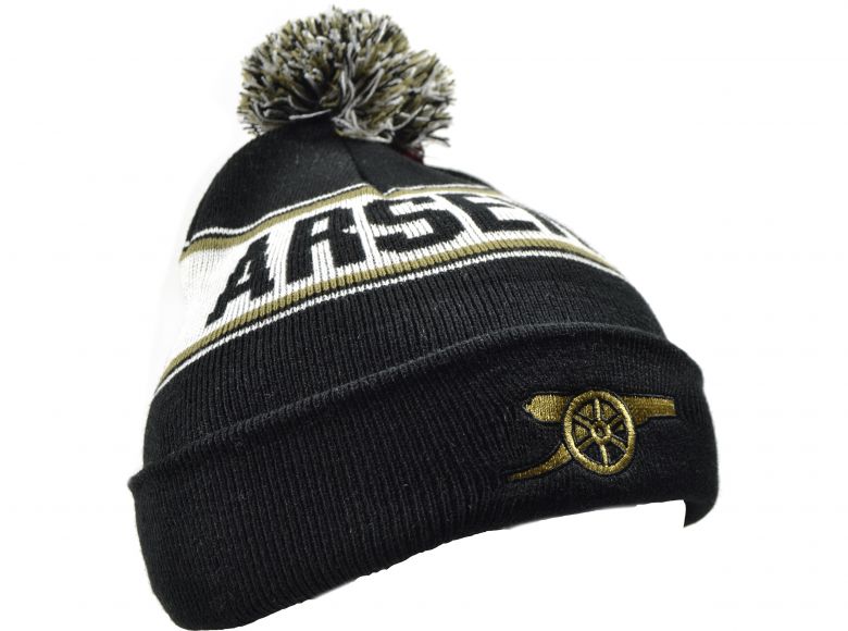 Arsenal Text Knitted Bobble Hat Black Gold White