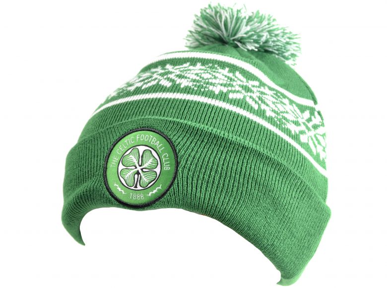 Celtic FC Snowflake Turn Up Knitted Bobble Hat Green White