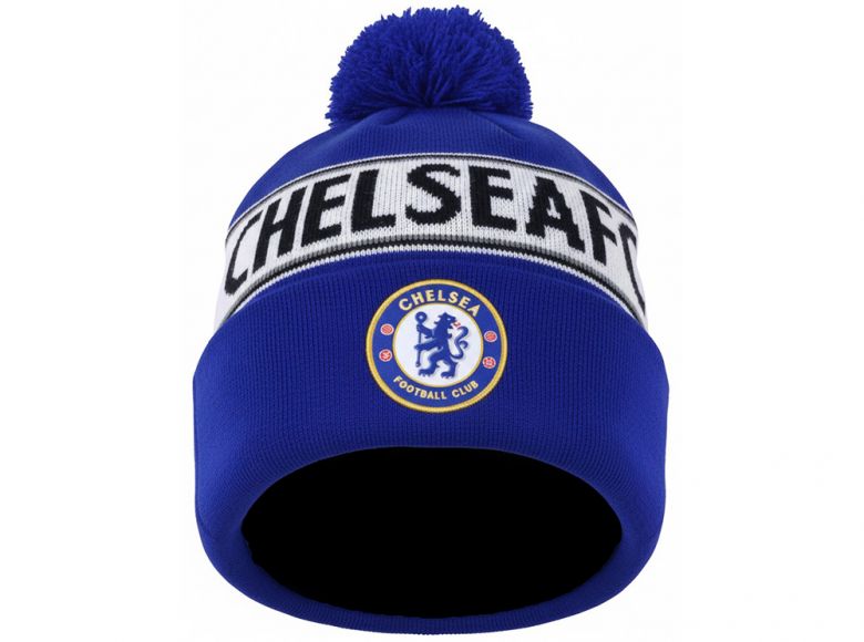 Chelsea Text Knitted Text Bobble Hat Royal White Black Print