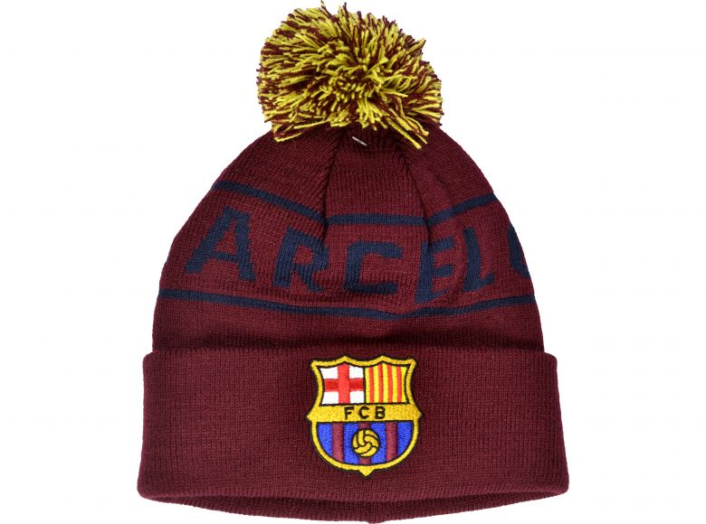 FC Barcelona Knitted Text Bobble Ski Hat Burgundy Navy