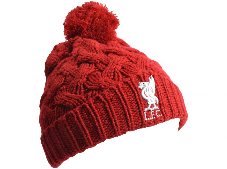 Liverpool Liverbird Bowline Knitted Turn Up Ladies Bobble Hat Red