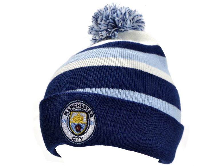 Man City Bronx Turn Up Knitted Bobble Hat Sky Navy White