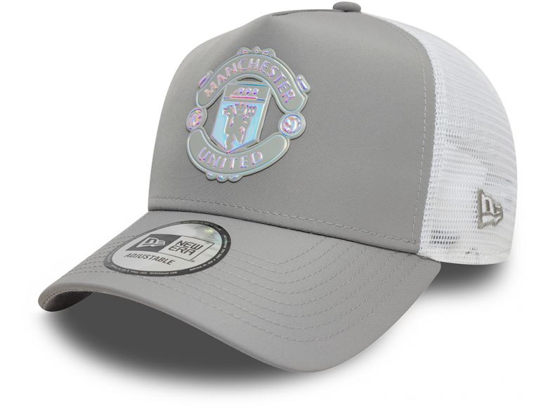 New Era Man UTD Iridescent 9FORTY E Frame Adjustable Trucker Cap Grey White