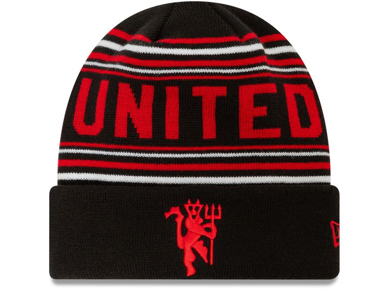 New Era Man UTD Stripe Cuff Knit Beanie Hat Black Red White