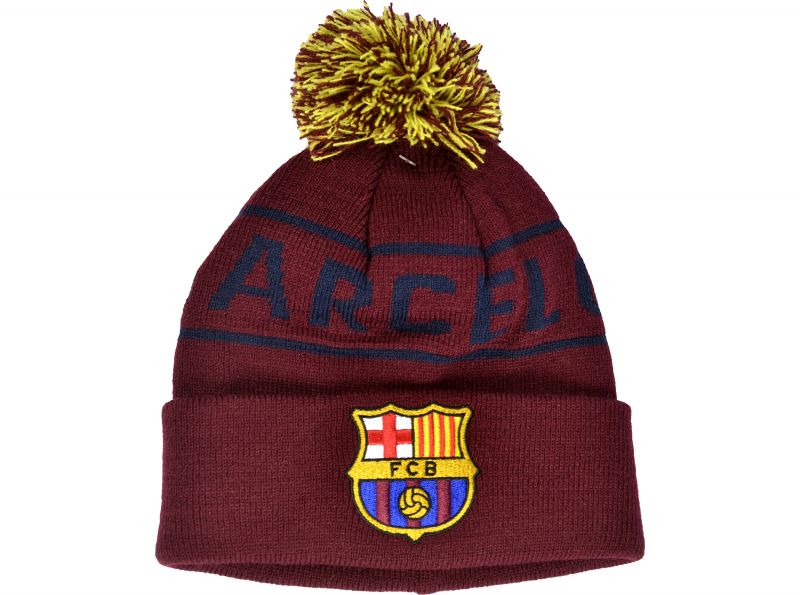 FC Barcelona Knitted Text Bobble Ski Hat Burgundy Navy