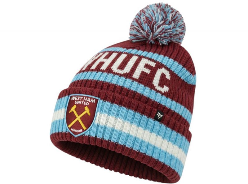 West Ham United 47 Brand Cuff Turn Up Bobble Hat Cardinal White Sky Blue