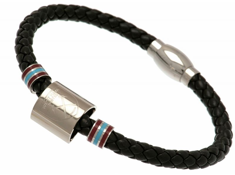 West Ham United Stainless Steel Colour Ring Leather Bracelet